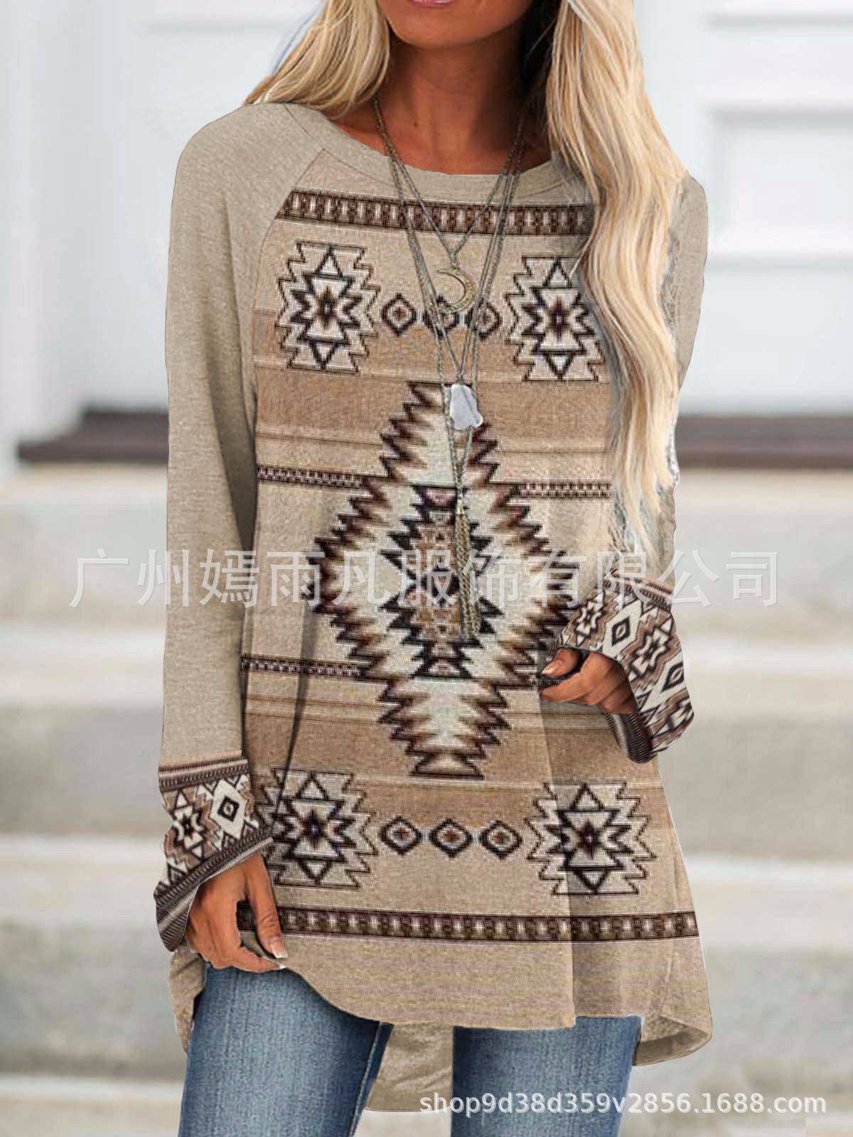 Wholesale Printed Round Neck Western Style Raglan Sleeve Loose T-Shirt